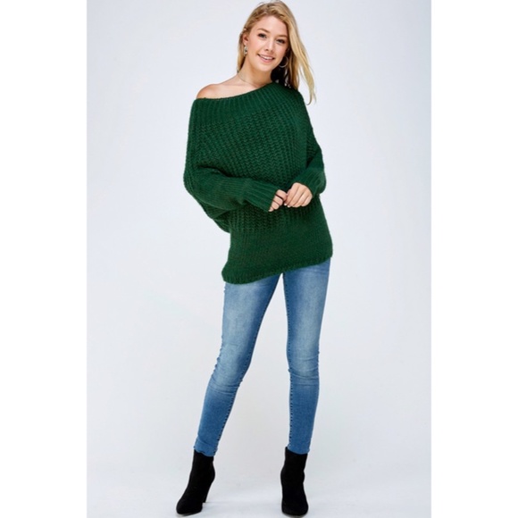 Hunter Green Soft Fuzzy Off The Shoulder Pullover Knit Holiday Casual Sweater - Picture 6 of 6